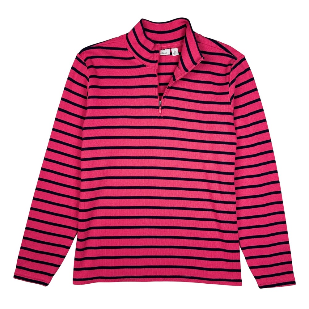 L.L.Bean Quarter Zip Pullover Sailor Striped Women XL Navy Pink-Orange Preppy